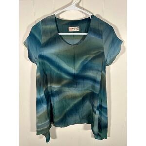 Neko Womens Abstract Tie Dye Rayon Blouse Teal Blue Green Scoop Neck Top